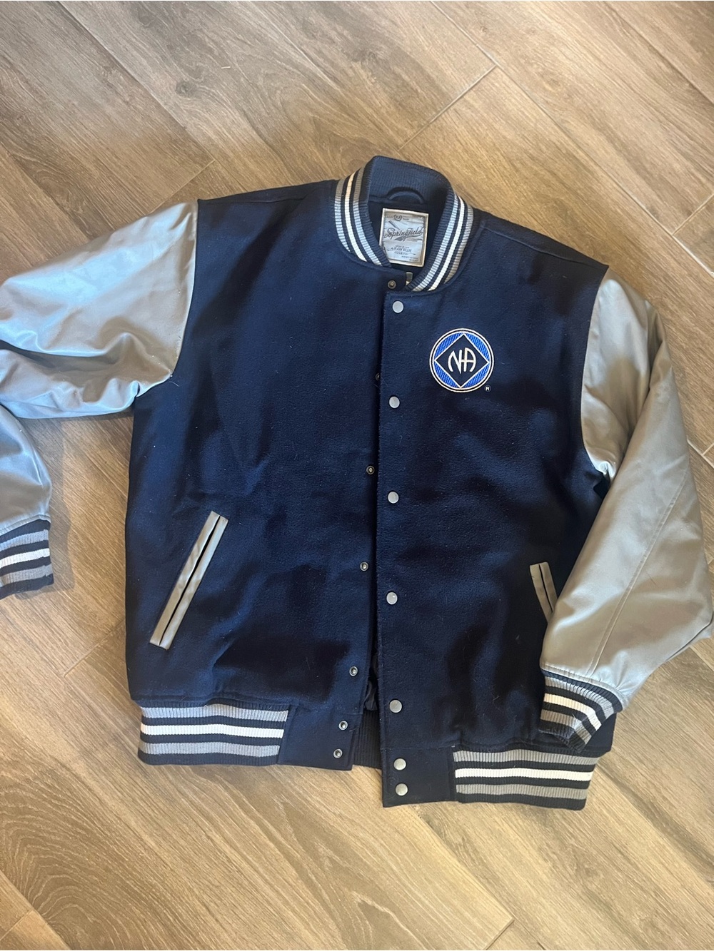 Men's Navy and Gray Varsity Bomber Jacket with Embroidered Crest